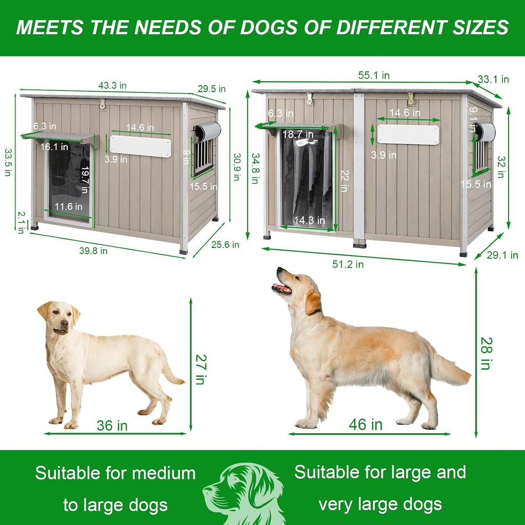 Dog House Outdoor Weatherproof & Wooden Dog Kennel with Chew-Proof Iron Frame, Removable Floor, Adjustable Vent