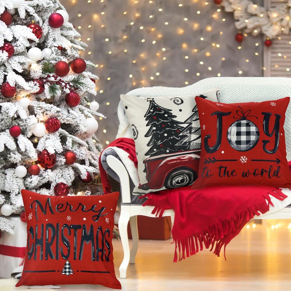 Christmas Pillow Covers 18x18 Inch Red Pillow Covers Xmas Decorations Buffalo Tree Truck Merry Christmas Pillows - Set of 4