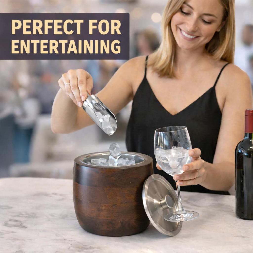Iceberg 2.3 Quart Ice Bucket with Lid & Scoop - Mango Wood Ice Bucket with Stainless Steel Liner, Airtight Sealed