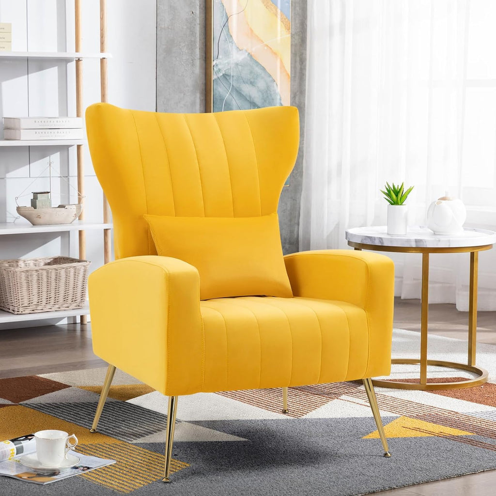 Modern Velvet Accent Chair with Arm & Wingback, Living Room Bedroom Side Chair with Gold Metal Legs & Lumbar Pillow