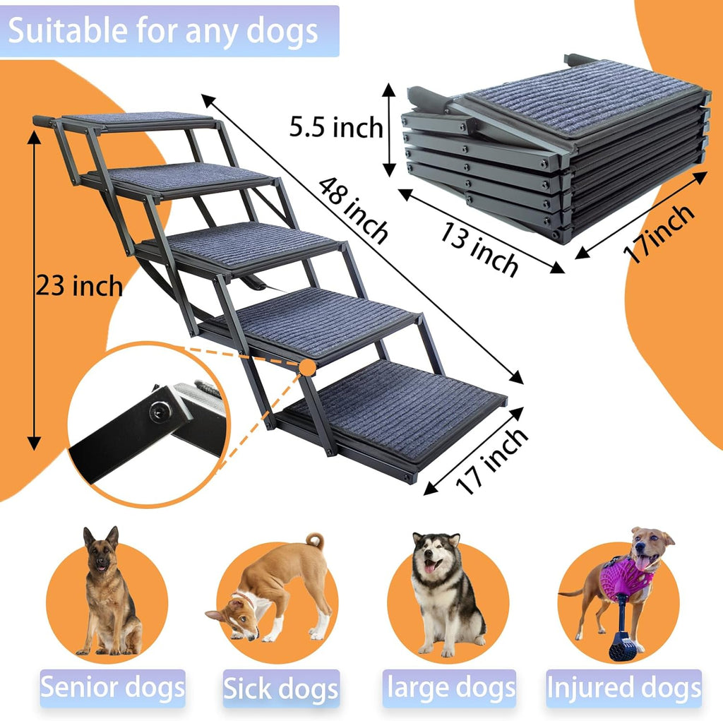 Dog Ramp for Car Truck and SUV Dog Stairs for Large Dogs Folding Pet Stairs with Non-Slip Rug Surface Supports Up to
