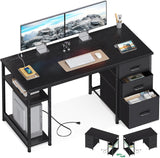 51 Inch Computer Desk with Fabric Drawers & USB Power Outlets, Reversible Home Office Desk with Storage Shelves