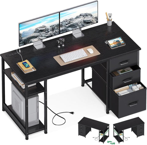 51 Inch Computer Desk with Fabric Drawers & USB Power Outlets, Reversible Home Office Desk with Storage Shelves