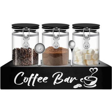 Glass Coffee Containers with Shelf Coffee Station Organizer 54oz Black Glass Coffees Bean Storage Canister with Spoon