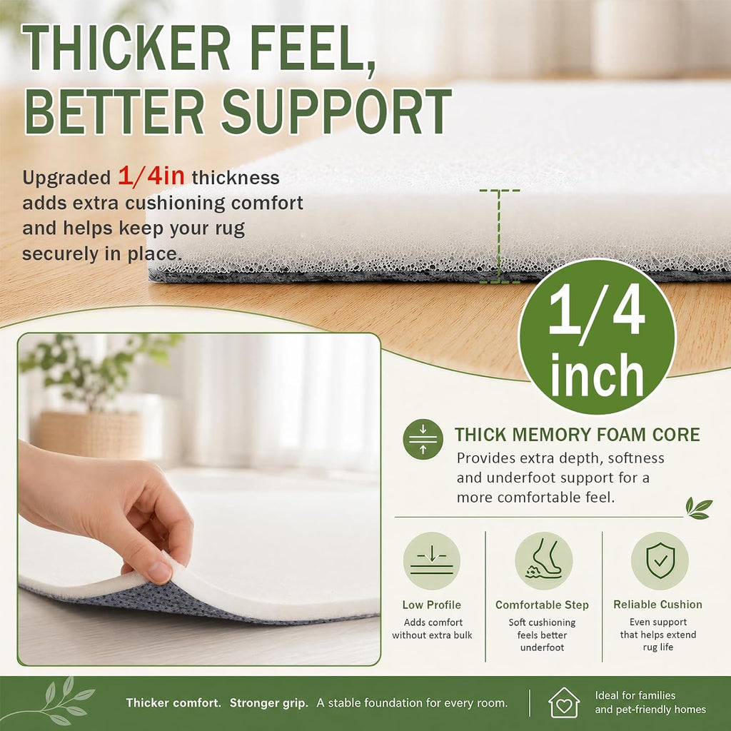 Non Slip Cushioned Rug Pads Rug Carpet Padding 9x12 Ft, 1/4 inch Thick Comfort Memory Foam Rug Pad for Under Area