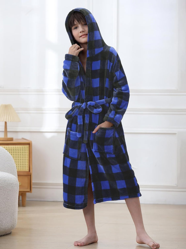 Boys Fleece Robe, Kids Hooded Soft Fuzzy Robes Bathrobe Toddler Flannel Pajamas Sleepwear Spa Plush Robe for Boys