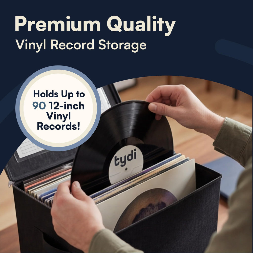 Vinyl Record Storage Box with Zip Closure - Holds Up to 90 12 Inch Vinyl Records - Collapsible Crate, LP Storage