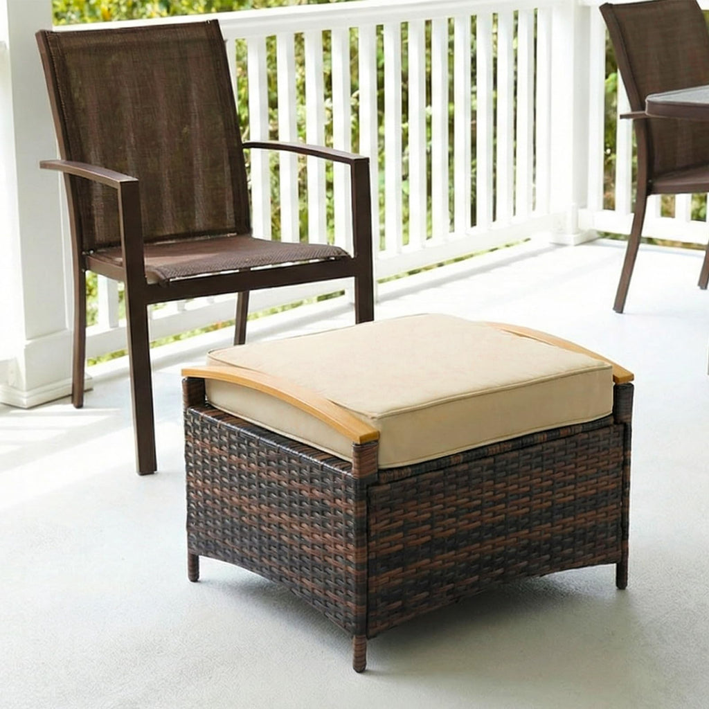 2 Pieces Rattan Ottoman with Storage, Wicker Patio Furniture w/Removable Cushion, Multipurpose Footrest Stool for