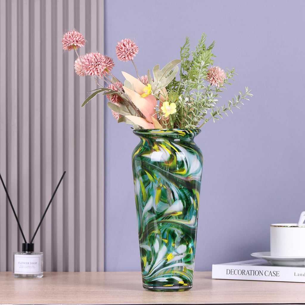 Green Hand Blown Glass Vase - Tall Speckled Decorative Centerpiece in Murano Style for Dining Table, Coffee Table
