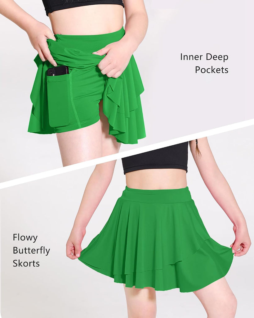 Girls Tennis Skirts Layered Ruffle Athletic Flowy Skirts with Pocket Skorts for Girls