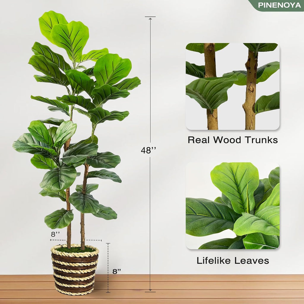 Artificial Fiddle Leaf Fig Tree with Woven Basket,4ft Tall Fake Tree with Natural Wood Trunk Decor, Faux Ficus Tree