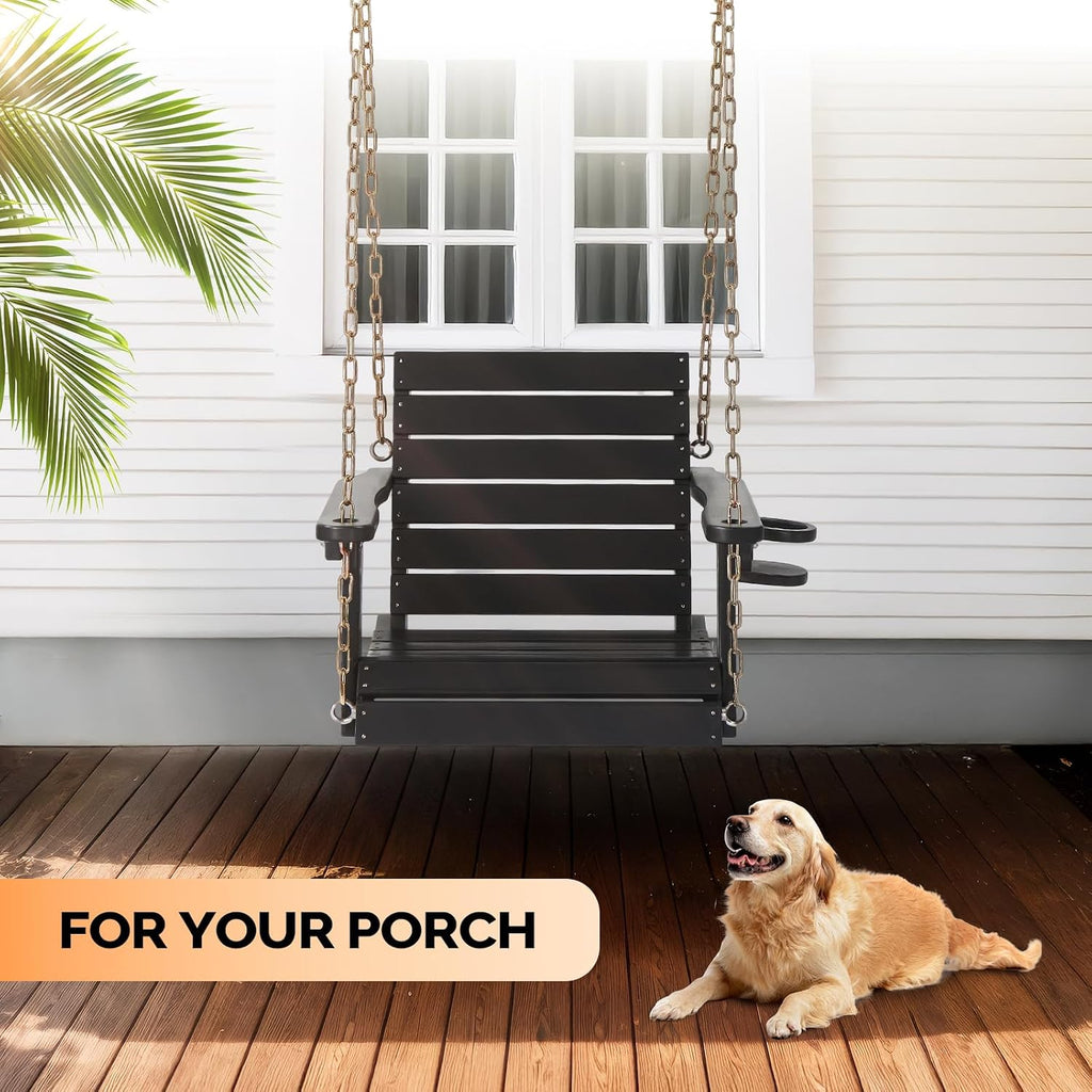 2.2FT HDPE Porch Swing Outdoor with Rotatable Cup Holder, Black | 880 LBS Heavy Duty Recycled Plastic Porch Swing