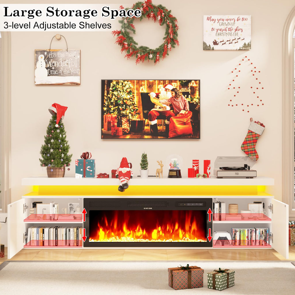 70" Floating w/ 36" Fireplace Up to 80" TVs, High Gloss LED Fireplaces TV Stand Entertainment Center for 70/75+/80