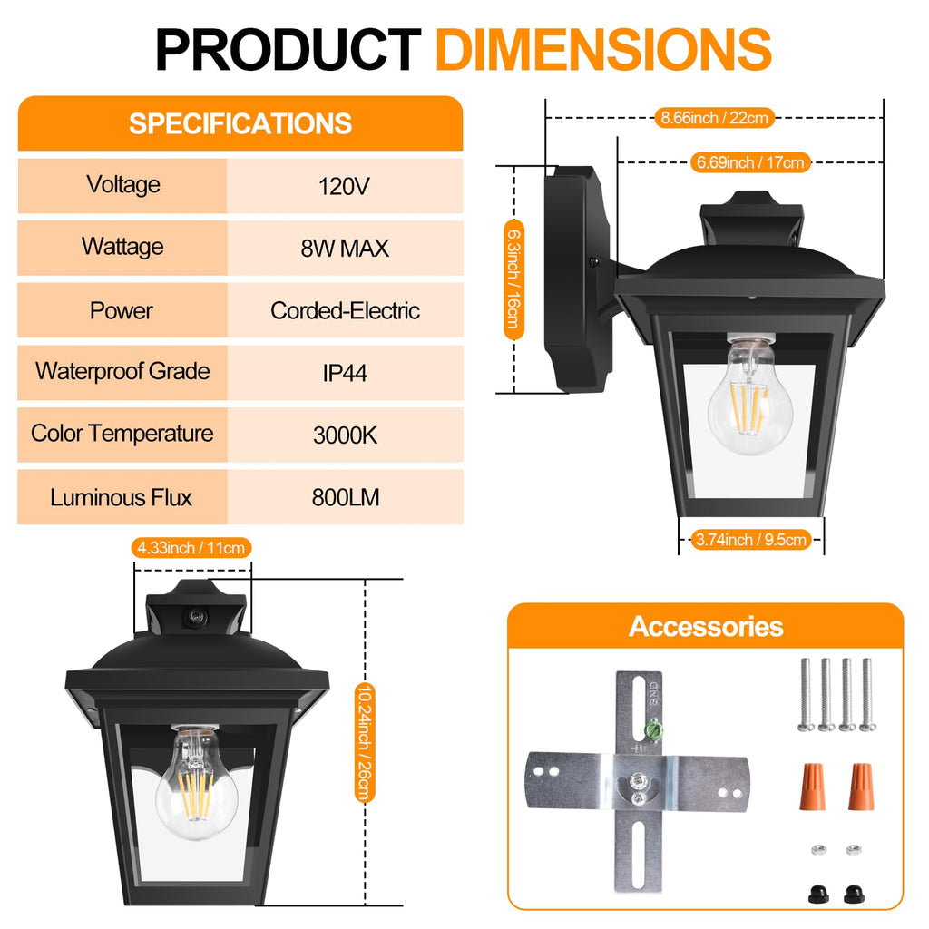 Dusk to Dawn Outdoor Wall Light Fixture, Exterior Porch Lantern, Black