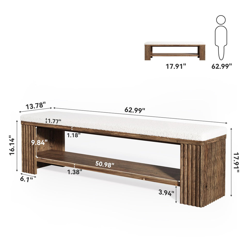 63" Solid Wood Entryway Bench, Farmhouse Upholstered End of Bed Bench with Removable Faux Lambswool Cushion and