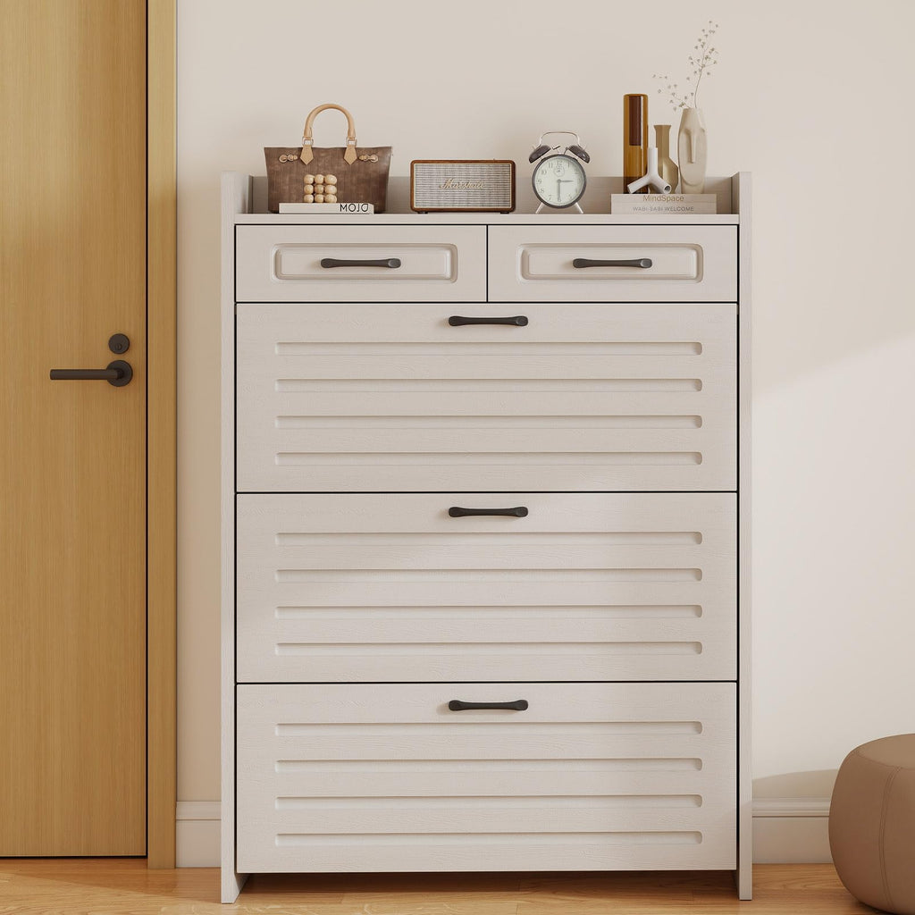 Shoe Cabinet, Narrow Shoe Storage Cabinet with 3 Flip Drawers and 2 Top Drawers, Modern Shoe Rack Organizer Cabinet