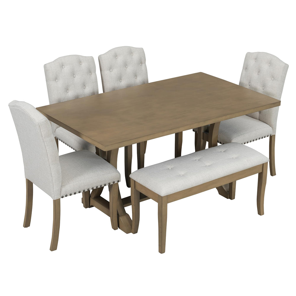 Farmhouse Dining Table Set for 6, Dining Table with Bench and Chairs, 6 Piece Kitchen Table Set Solid Wood Dining