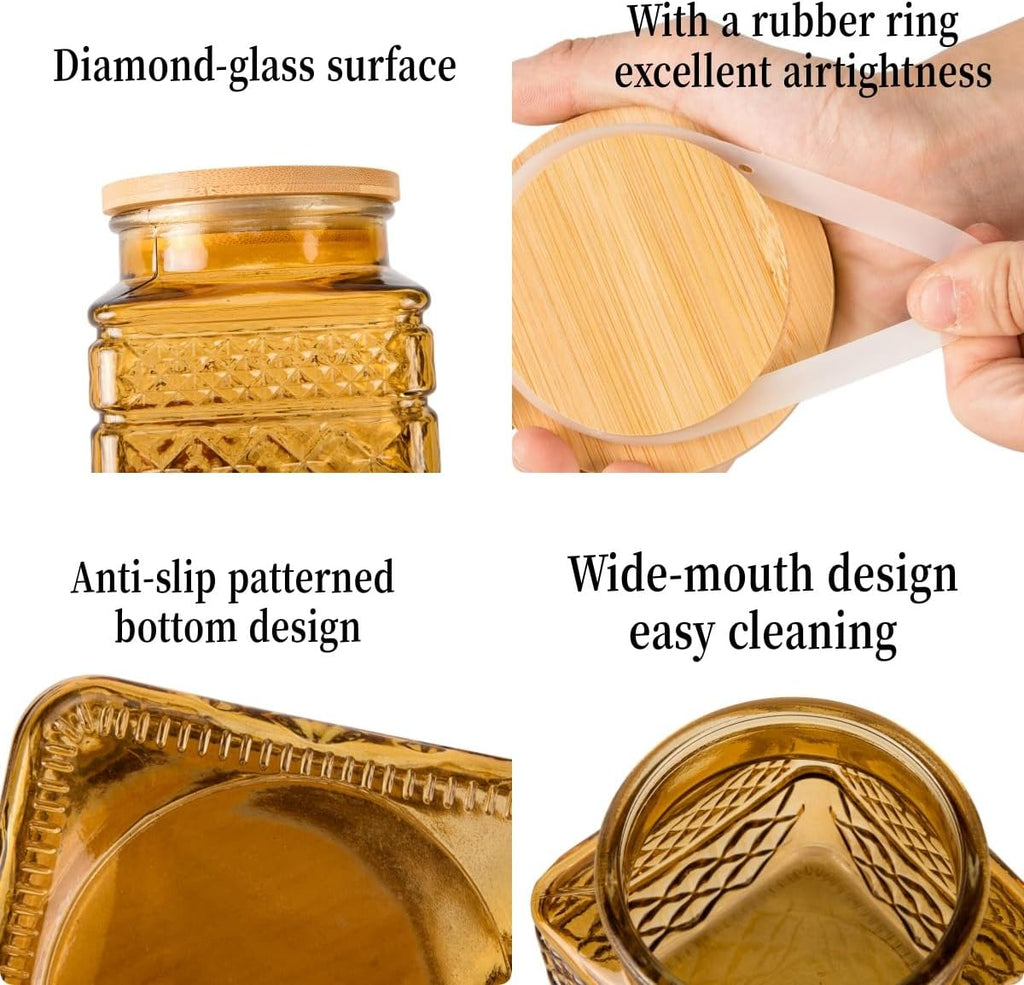 20 FL OZ Small Vintage Glass Jar with Airtight Bamboo Lid,Thick Glass,Amber