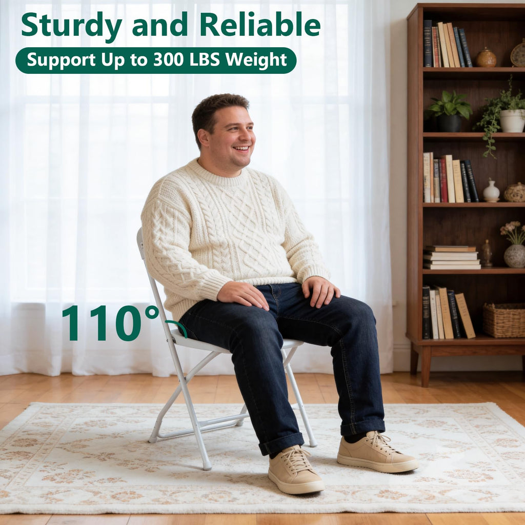 4 Pack White Plastic Folding Chairs, Outdoor Portable Folding Chair with Steel Frame, 350lbs Capacity Stackable