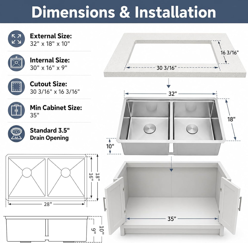 Double Undermount Kitchen Sinks 32 Inch, 16 Guage T304 Stainless Steel Sink | 32" x 18" x 10" Deep Large Workstation