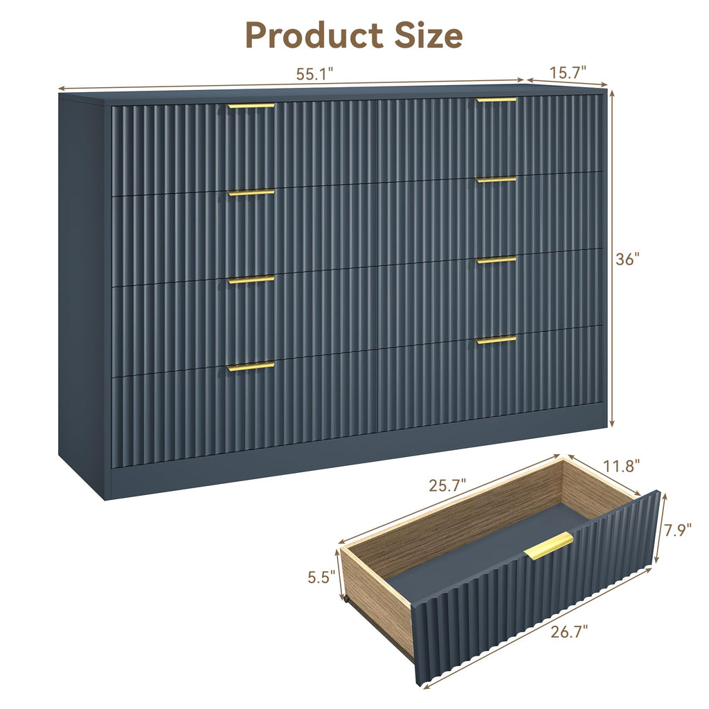 Navy Blue 8 Drawer Dresser, 55" Wide Fluted Chest of Drawers with Gold Metal Handles, Modern Wooden Dresser, Closet