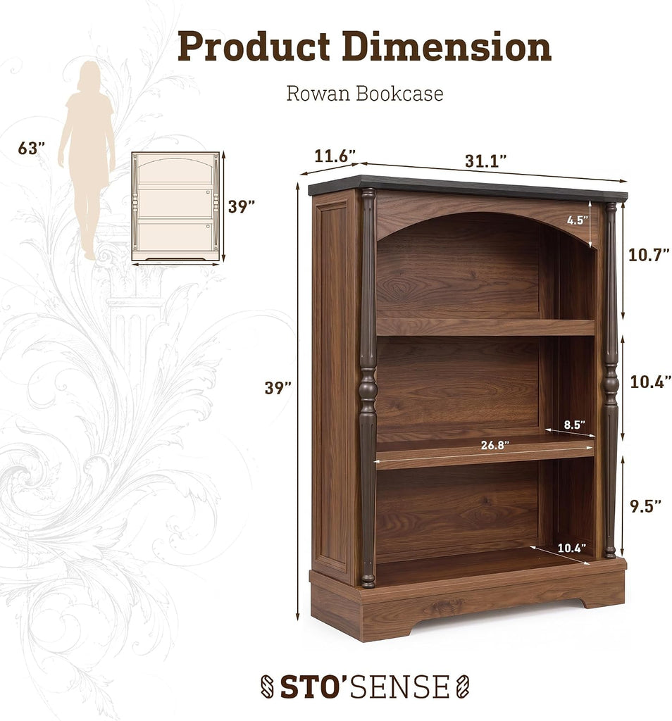 3-Tier Arched Bookcase with LED Lights Set of 2, Farmhouse Bookshelf with Solid Wood Classical Columns, Wooden Open