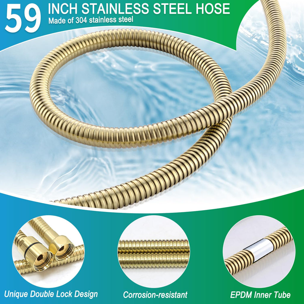 Square Brushed Gold Solid Brass Hand Held Shower Head With Wall Connector and Hose Wall Mount Handheld Showerheads Set