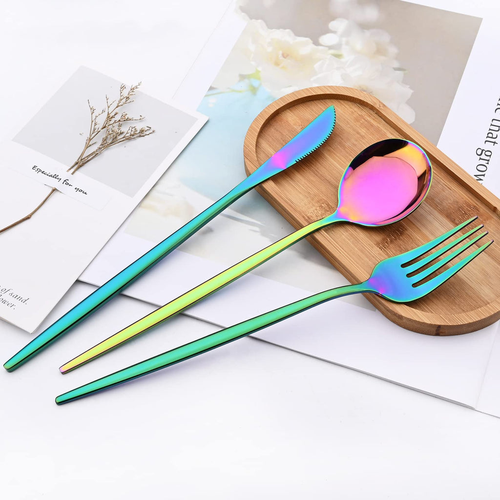 24-Piece Mirror Rainbow Flatware, 18/0 Stainless Steel Dinnerware Set Include Knife Fork Spoon Teaspoon Cutlery Set