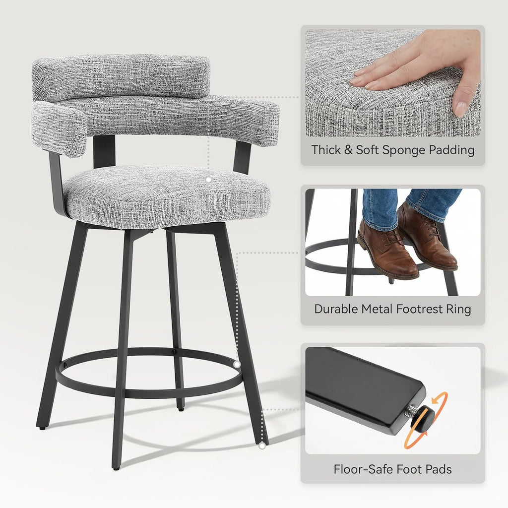 Counter Height Bar Stools with Full Back - Swivel Counter Stools Set of 2 with Linen Padded Back, Metal Footrest