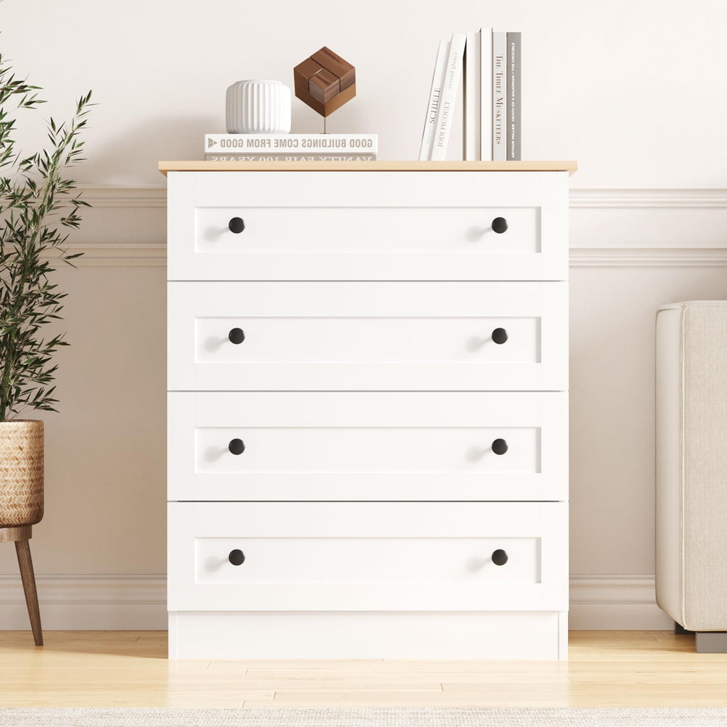 4 Drawer Dresser, White Dresser Modern Storage Chest of Drawers, Farmhouse Storage Cabinet Organizer with 4 Drawers