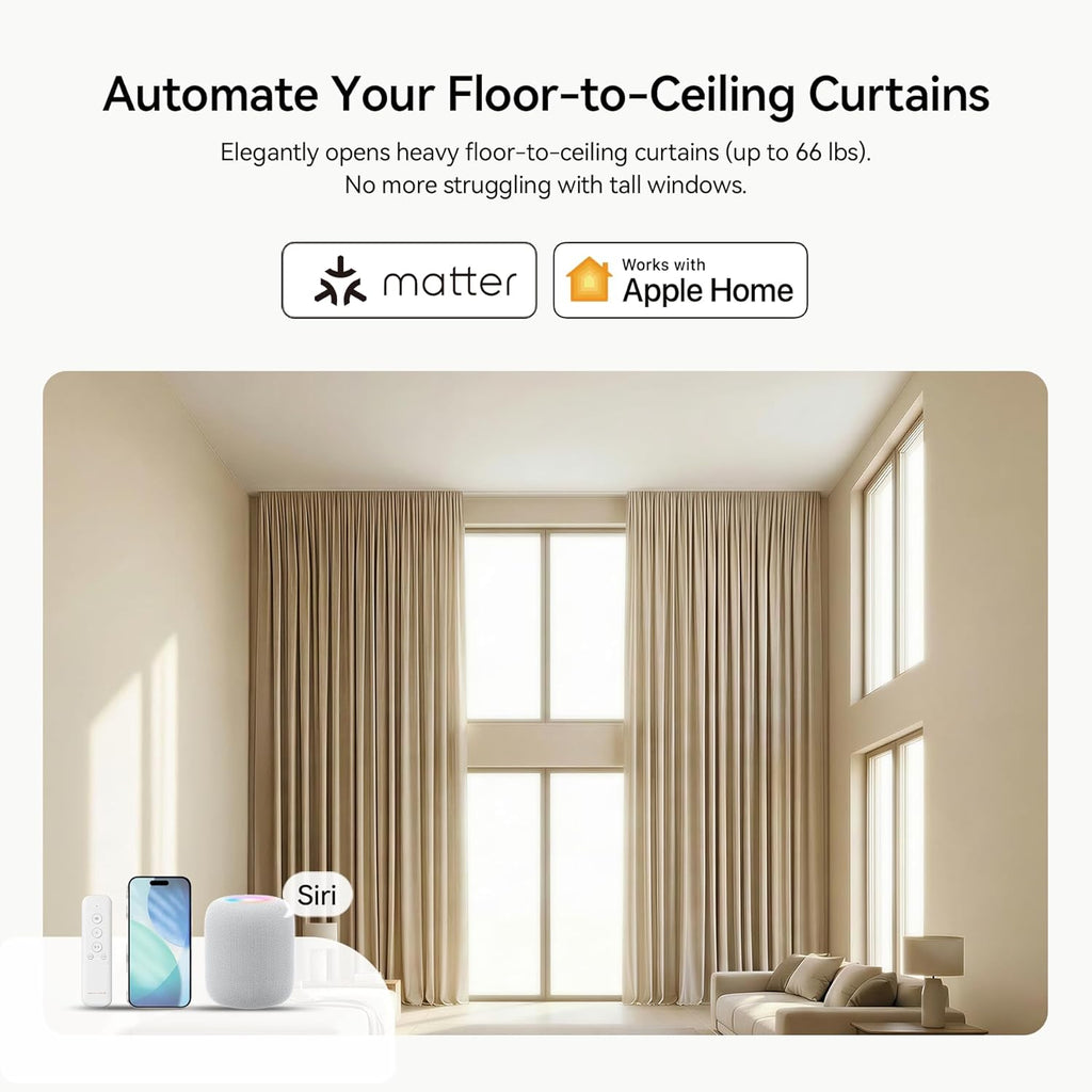 Remac M1 No-Cut Telescopic Motorized Curtain Track, Apple Home Certified Matter Smart Curtain System, Works with