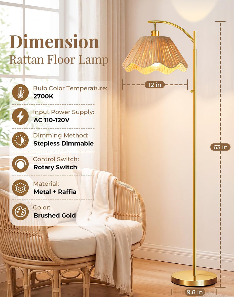 Arc Floor Lamp, Rattan Boho Floor Lamp with Hand-Woven Raffia Shade, Stepless Dimmable Rotary Switch, 63" Gold