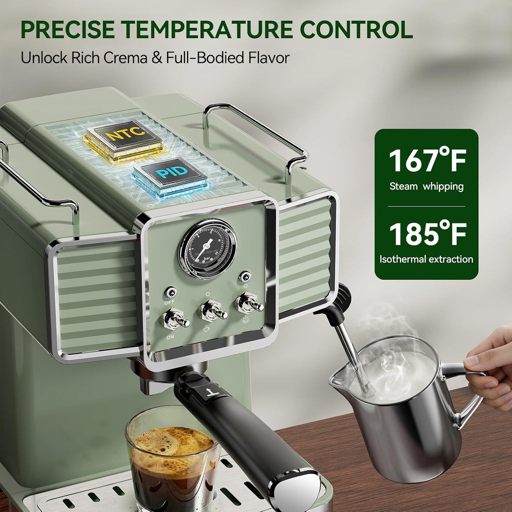 20Bar Semi Automatic Retro Espresso Machine with Milk Frother | PID Temperature Control & Visible Pressure