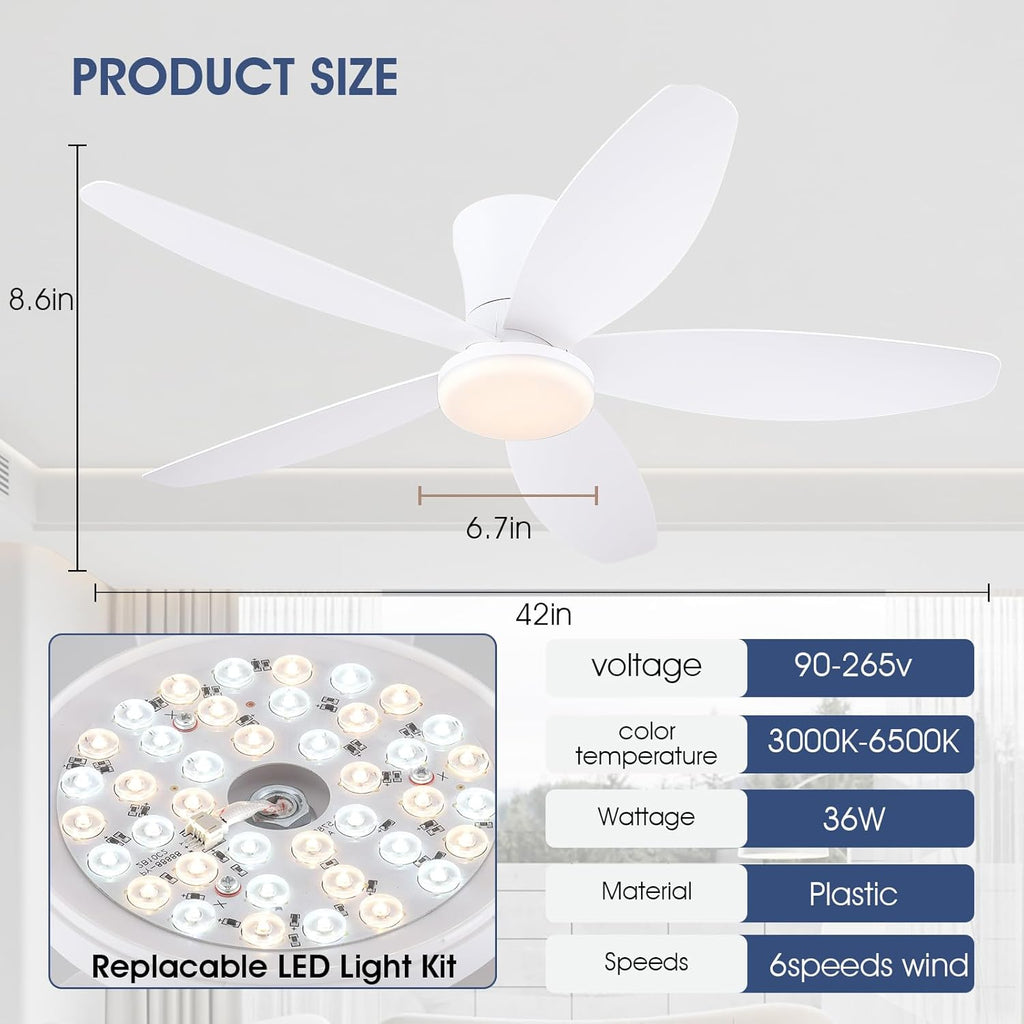42" Ceiling Fans with Lights-Low Profile Ceiling Fan with Light and Remote/APP Control,Flush Mount,DC Reversible,LED Dimmable Modern Ceiling Fans for Bedroom,Indoor/Outdoor Patio Use(White) A101-B0CZH6X24P