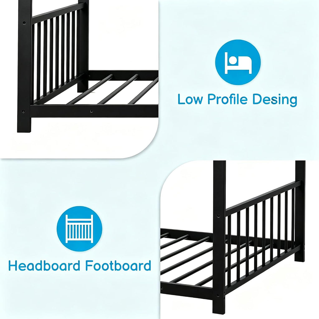 Metal Toddler Floor Bed with Slats & Fence, Black