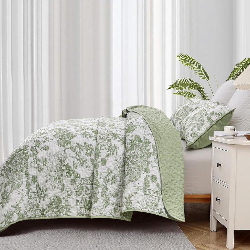 Sage Green Quilt Set California King,Botanical Bedspread Set - Set of 3