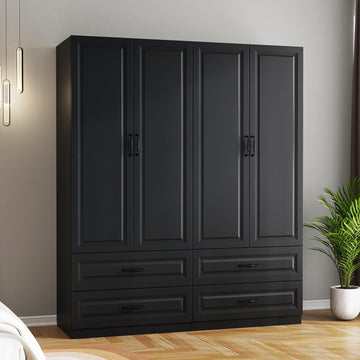 Black Wardrobe Closet with 4 Drawers and 4 Doors, 75" H x 63" W