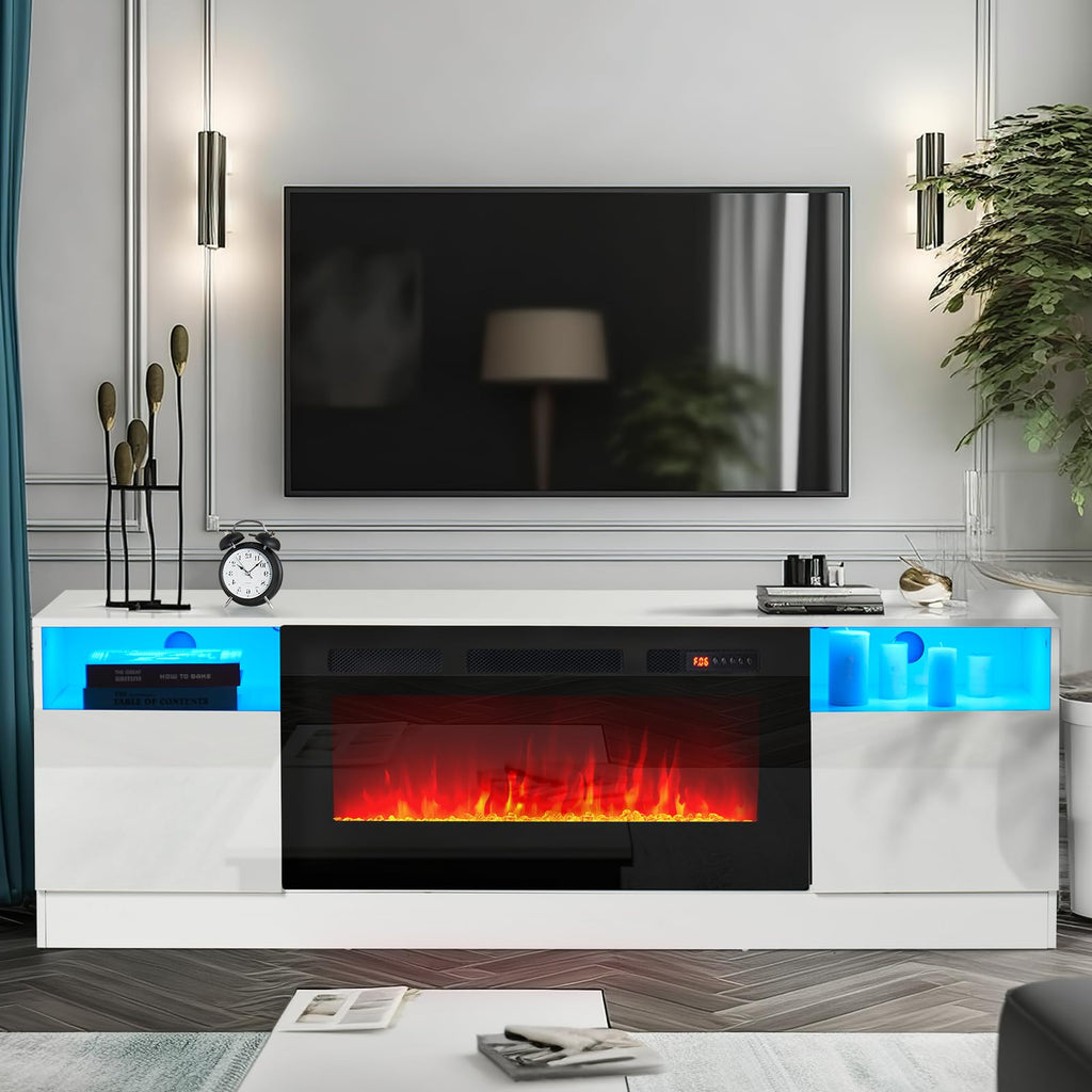 Fireplace TV Stand with 36" Electric Fireplace, LED Light Entertainment Center, Modern Wood Texture Highlight Storage