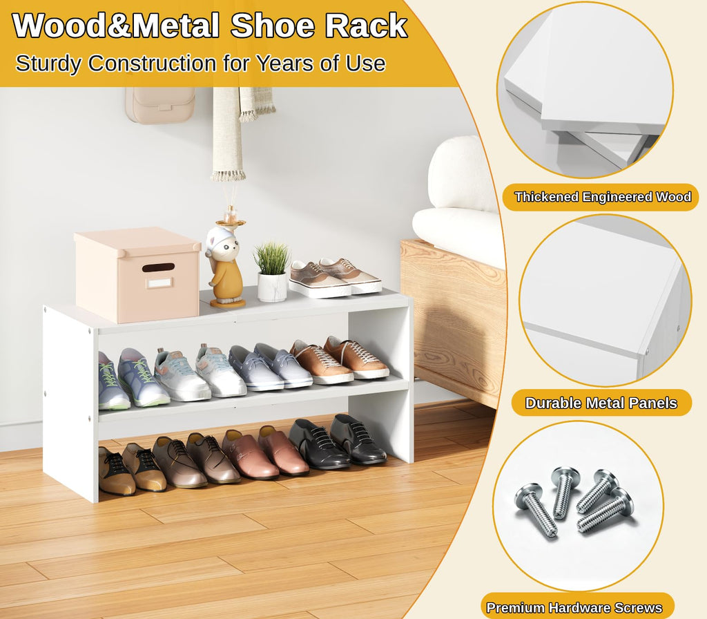 2 Pack White Shoe Rack for Closet, 2-Tier Expandable Small Shoe Shelf, Stackable Iron Wood Combination Shoe Organizer