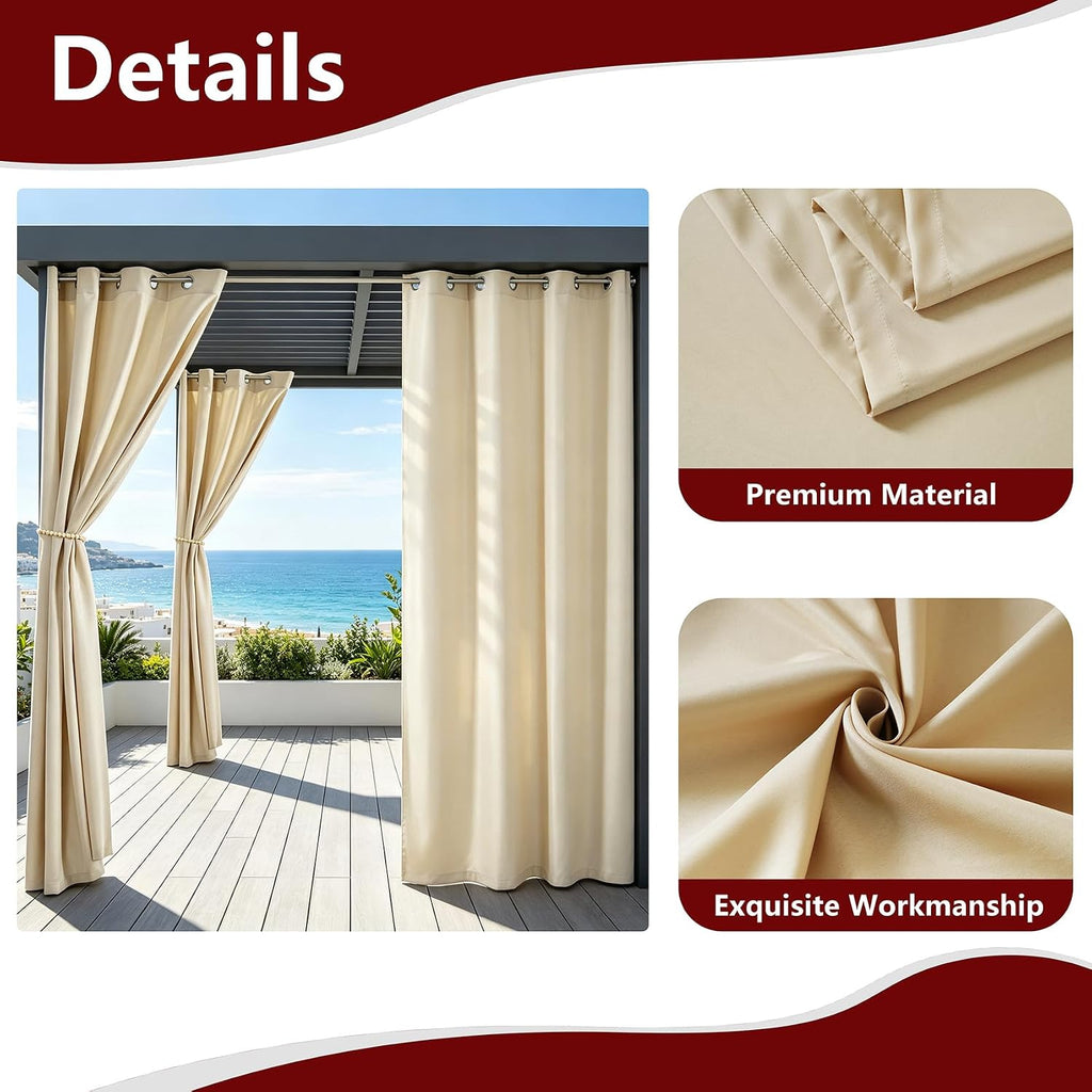 8 Panels Outdoor Curtains Waterproof - 52x84 Inches Cream Blackout Curtains, Polyester Weatherproof Privacy Drapes