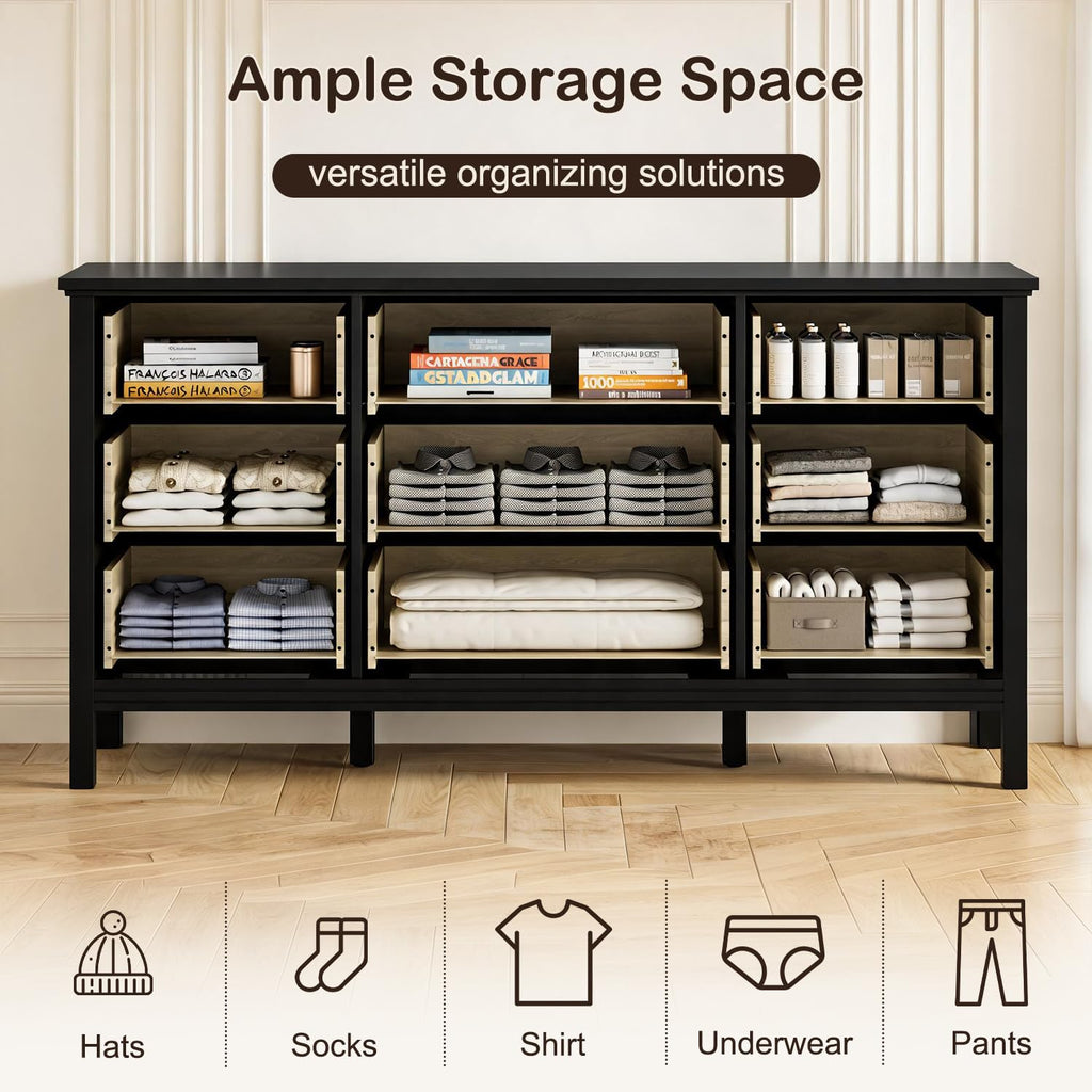 59" Black Dresser with 9 Drawer & Modern Gold Handles