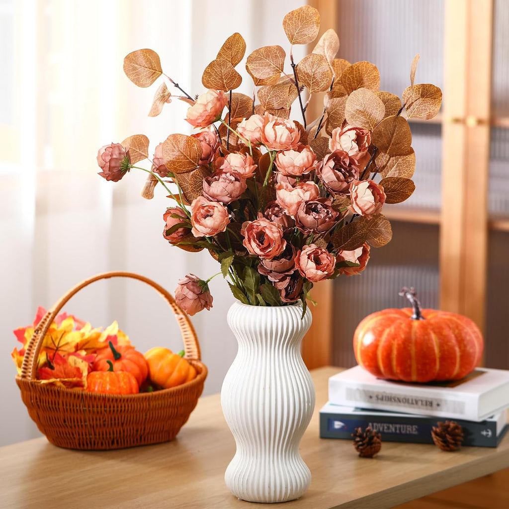 Artificial Silk Peonies Stems Arrangements Fake Flowers Set 6 Faux Peonies Artificial Flowers and 6 Eucalyptus - Set of 12