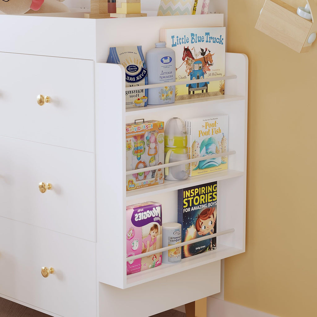Wooden Baby Changing Table Dresser, Diaper Changing Table with Large Tabletop, 4 Drawers, Open Storage Space & Side