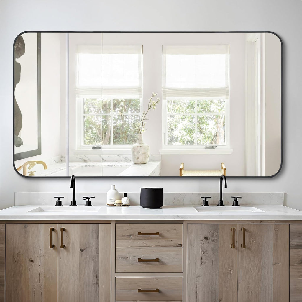 Bathroom Mirror 30" X 60", Large Rectangular Wall Mirror, Black Metal Framed Rounded Corner Wall Mounted Mirror
