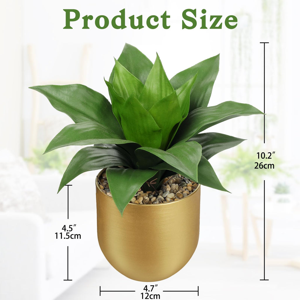 Agave Artificial Wide Leaf Plant in Gold Pot - 10.2" Tall Faux Greenery with Lush Plastic Leaves & Pebble Base, Fake