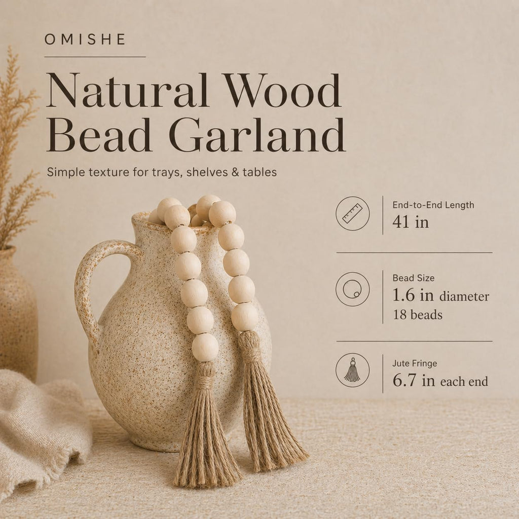 Extra Large Wood Bead Garland with 1.6" Diameter Wooden Beads and Tassels, 41" Long Rustic Farmhouse Country