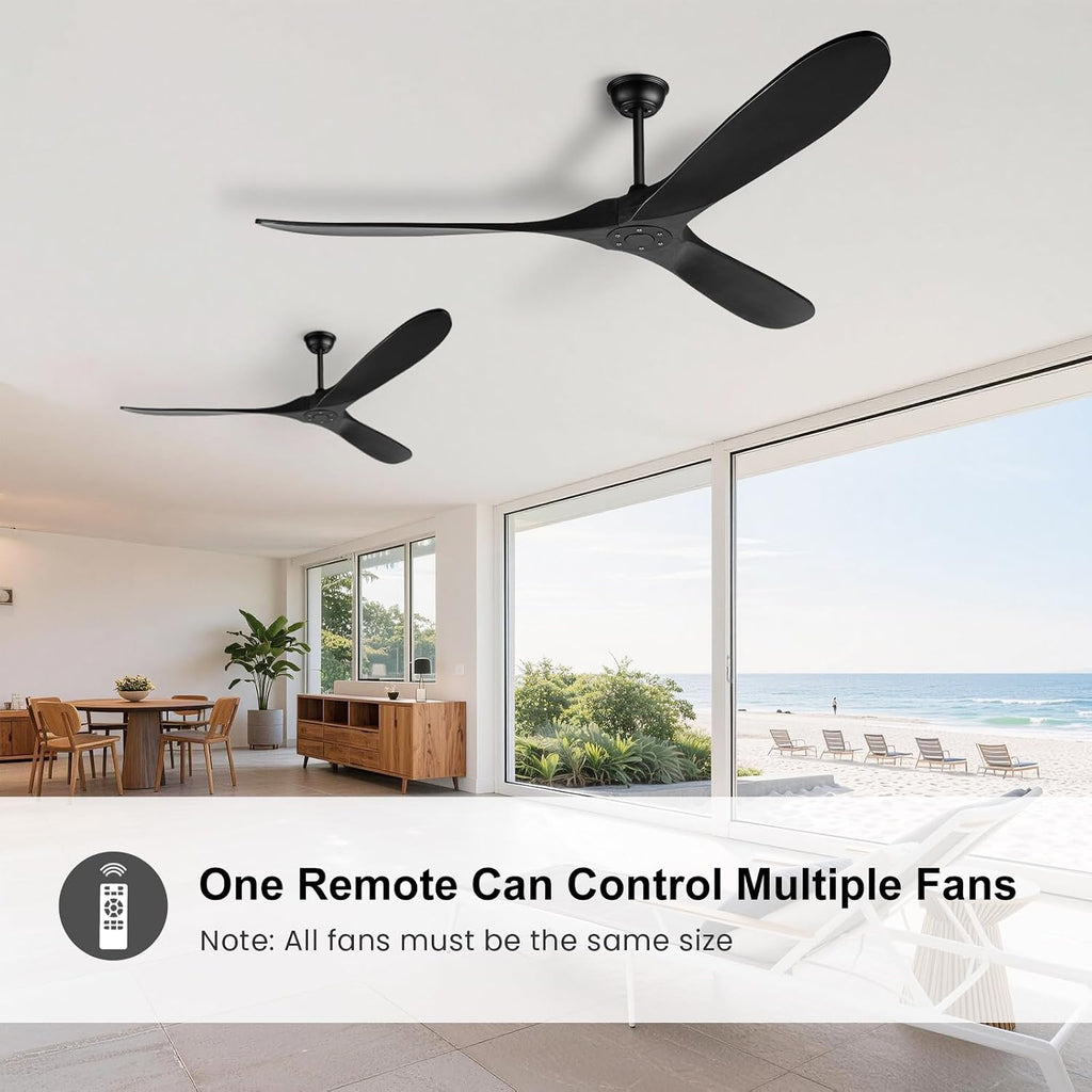 72 Inch Black Ceiling Fan No Light，Wood Indoor Outdoor Ceiling Fan Without Lights for Patios Living Room Gazebo