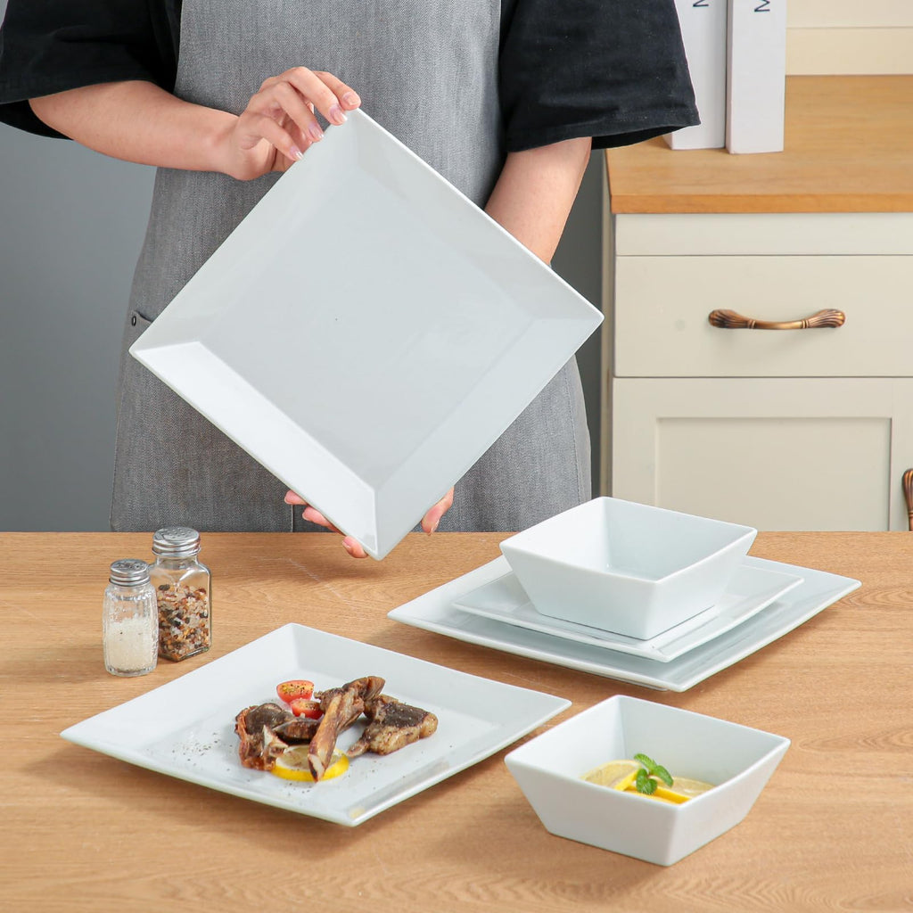 12-Piece Ceramic Kitchen Dinnerware Set, Service for 4, Porcelain Dishes Dinner Set, Square Dinnerware Sets with