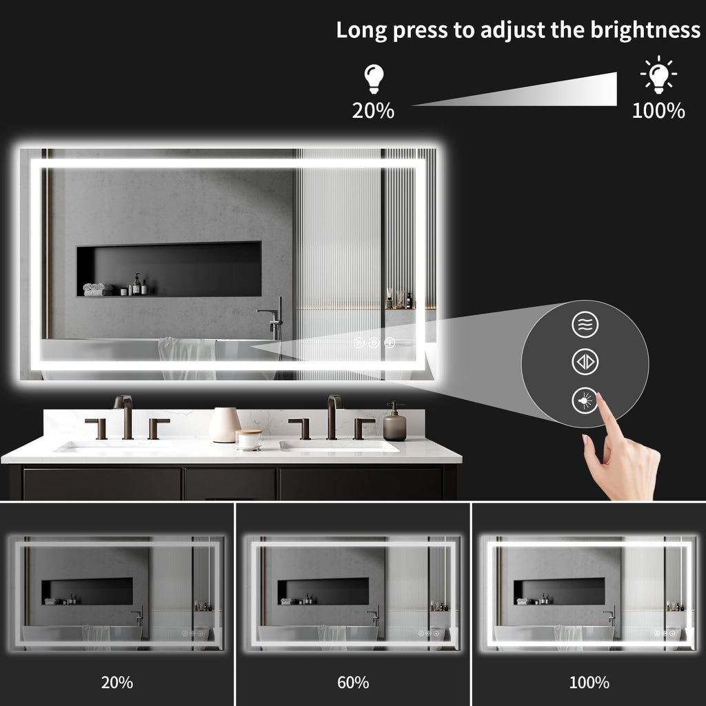 24"x48" Lighted LED Bathroom Mirror with Lights, Dimmable, Anti-Fog, Led Bathroom Vanity Mirror for Wall, Backlit + Front