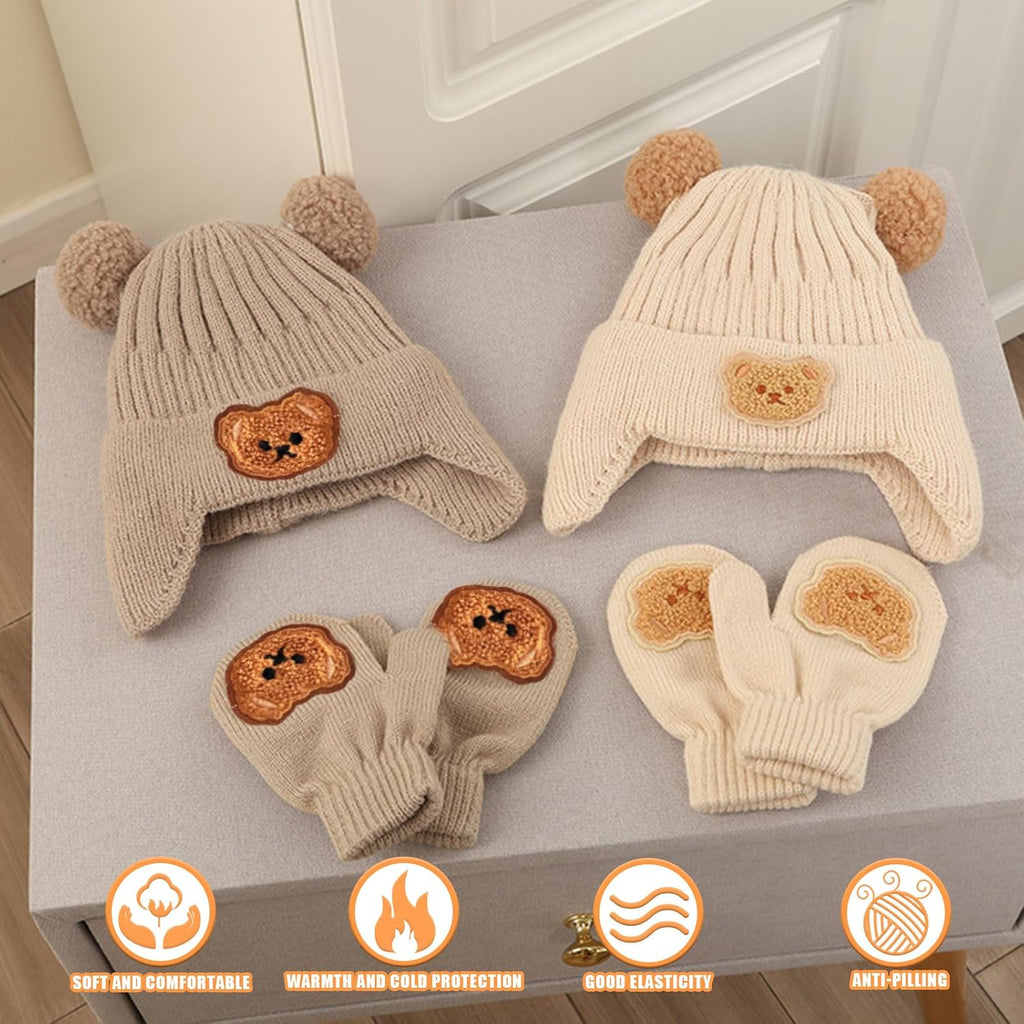 Toddler Winter Hat and Mittens Set, Knit Warm Baby Winter Beanie and Gloves for for Infant Boys Girls